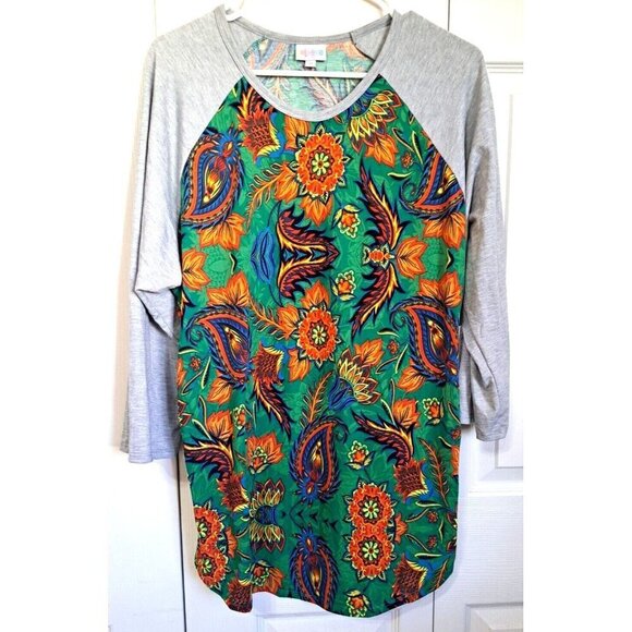 Lularoe 2XL Randy Top Gray Raglan Sleeve Multicolor Floral Print Body New w/Tags - Picture 1 of 7